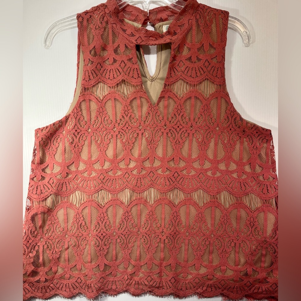 Love Fire - Coral Color Lace Halter Top Size M-L Fully Lined Scallop Bottom